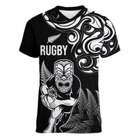 New Zealand Maori Warrior Rugby Women V-Neck T-Shirt Silver Fern LT03 Female Black - Polynesian Pride