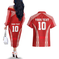 Custom Tonga Pacific Rugby 2024 Couples Matching Off The Shoulder Long Sleeve Dress and Hawaiian Shirt Ngatu Tribal Pattern LT03 - Polynesian Pride