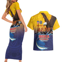 American Samoa Fautasi Couples Matching Short Sleeve Bodycon Dress and Hawaiian Shirt Bald Eage and Sailfish with Kakau Motifs - Polynesian Pride
