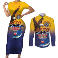 American Samoa Fautasi Couples Matching Short Sleeve Bodycon Dress and Long Sleeve Button Shirt Bald Eage and Sailfish with Kakau Motifs - Polynesian Pride