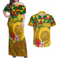 Melanesian Vanuatu Couples Matching Off Shoulder Maxi Dress and Hawaiian Shirt With Tapa Tribal Pattern and Triangle Geometric Tricolor - Polynesian Pride