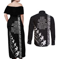 New Zealand Rugby Couples Matching Off Shoulder Maxi Dress and Long Sleeve Button Shirts Haka Dance Tribal God Mask Maori Pattern LT03 - Polynesian Pride