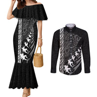 Custom New Zealand Rugby Couples Matching Mermaid Dress and Long Sleeve Button Shirts Haka Dance Tribal God Mask Maori Pattern LT03 Black - Polynesian Pride