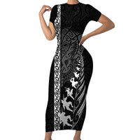 Custom New Zealand Rugby Short Sleeve Bodycon Dress Haka Dance Tribal God Mask Maori Pattern LT03 Long Dress Black - Polynesian Pride
