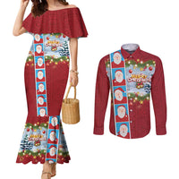 Merry Christmas Couples Matching Mermaid Dress and Long Sleeve Button Shirt Funny Santa Claus Cards Photo and Polynesian Pattern Red Color