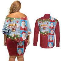 Merry Christmas Couples Matching Off Shoulder Short Dress and Long Sleeve Button Shirt Funny Santa Claus Cards Photo and Polynesian Pattern Red Color