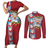 Merry Christmas Couples Matching Short Sleeve Bodycon Dress and Long Sleeve Button Shirt Funny Santa Claus Cards Photo and Polynesian Pattern Red Color