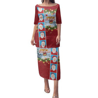 Merry Christmas Family Matching Puletasi and Hawaiian Shirt Funny Santa Claus Cards Photo and Polynesian Pattern Red Color