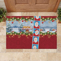 Merry Christmas Rubber Doormat Funny Santa Claus Cards Photo and Polynesian Pattern Red Color
