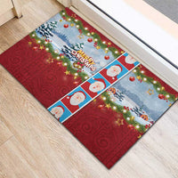 Merry Christmas Rubber Doormat Funny Santa Claus Cards Photo and Polynesian Pattern Red Color
