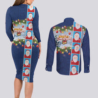 Merry Christmas Couples Matching Long Sleeve Bodycon Dress and Long Sleeve Button Shirt Funny Santa Claus Cards Photo and Polynesian Pattern Blue Color
