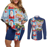 Merry Christmas Couples Matching Off Shoulder Short Dress and Long Sleeve Button Shirt Funny Santa Claus Cards Photo and Polynesian Pattern Blue Color