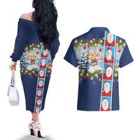 Merry Christmas Couples Matching Off The Shoulder Long Sleeve Dress and Hawaiian Shirt Funny Santa Claus Cards Photo and Polynesian Pattern Blue Color