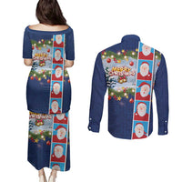 Merry Christmas Couples Matching Puletasi and Long Sleeve Button Shirt Funny Santa Claus Cards Photo and Polynesian Pattern Blue Color