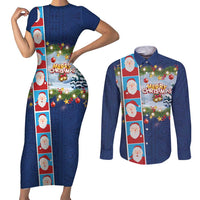 Merry Christmas Couples Matching Short Sleeve Bodycon Dress and Long Sleeve Button Shirt Funny Santa Claus Cards Photo and Polynesian Pattern Blue Color