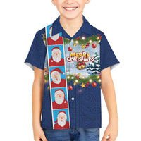 Merry Christmas Family Matching Long Sleeve Bodycon Dress and Hawaiian Shirt Funny Santa Claus Cards Photo and Polynesian Pattern Blue Color LT03 Son's Shirt Blue - Polynesian Pride
