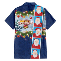 Merry Christmas Family Matching Off The Shoulder Long Sleeve Dress and Hawaiian Shirt Funny Santa Claus Cards Photo and Polynesian Pattern Blue Color