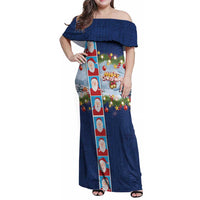 Merry Christmas Family Matching Off Shoulder Maxi Dress and Hawaiian Shirt Funny Santa Claus Cards Photo and Polynesian Pattern Blue Color LT03 Mom's Dress Blue - Polynesian Pride