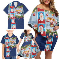 Merry Christmas Family Matching Off Shoulder Short Dress and Hawaiian Shirt Funny Santa Claus Cards Photo and Polynesian Pattern Blue Color LT03 - Polynesian Pride