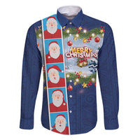 Merry Christmas Family Matching Off Shoulder Short Dress and Hawaiian Shirt Funny Santa Claus Cards Photo and Polynesian Pattern Blue Color LT03 Dad's Shirt - Long Sleeve Blue - Polynesian Pride