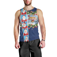 Merry Christmas Men Tank Top Funny Santa Claus Cards Photo and Polynesian Pattern Blue Color