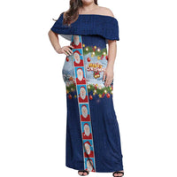 Merry Christmas Off Shoulder Maxi Dress Funny Santa Claus Cards Photo and Polynesian Pattern Blue Color LT03 Women Blue - Polynesian Pride