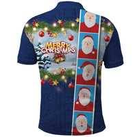 Merry Christmas Polo Shirt Funny Santa Claus Cards Photo and Polynesian Pattern Blue Color