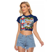 Merry Christmas Raglan Cropped T Shirt Funny Santa Claus Cards Photo and Polynesian Pattern Blue Color LT03 Female Blue - Polynesian Pride