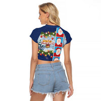 Merry Christmas Raglan Cropped T Shirt Funny Santa Claus Cards Photo and Polynesian Pattern Blue Color LT03 - Polynesian Pride
