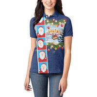 Merry Christmas Women Polo Shirt Funny Santa Claus Cards Photo and Polynesian Pattern Blue Color