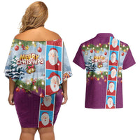 Merry Christmas Couples Matching Off Shoulder Short Dress and Hawaiian Shirt Funny Santa Claus Cards Photo and Polynesian Pattern Pink Color LT03 - Polynesian Pride