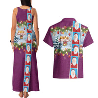 Merry Christmas Couples Matching Tank Maxi Dress and Hawaiian Shirt Funny Santa Claus Cards Photo and Polynesian Pattern Pink Color