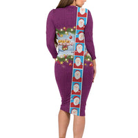 Merry Christmas Family Matching Long Sleeve Bodycon Dress and Hawaiian Shirt Funny Santa Claus Cards Photo and Polynesian Pattern Pink Color