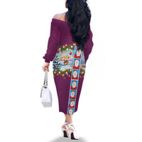 Merry Christmas Family Matching Off The Shoulder Long Sleeve Dress and Hawaiian Shirt Funny Santa Claus Cards Photo and Polynesian Pattern Pink Color