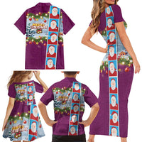 Merry Christmas Family Matching Short Sleeve Bodycon Dress and Hawaiian Shirt Funny Santa Claus Cards Photo and Polynesian Pattern Pink Color