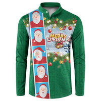 Merry Christmas Button Sweatshirt Funny Santa Claus Cards Photo and Polynesian Pattern Green Color