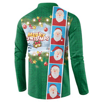 Merry Christmas Button Sweatshirt Funny Santa Claus Cards Photo and Polynesian Pattern Green Color