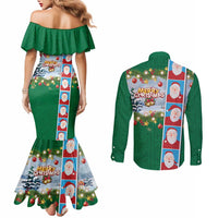 Merry Christmas Couples Matching Mermaid Dress and Long Sleeve Button Shirt Funny Santa Claus Cards Photo and Polynesian Pattern Green Color