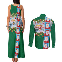 Merry Christmas Couples Matching Tank Maxi Dress and Long Sleeve Button Shirt Funny Santa Claus Cards Photo and Polynesian Pattern Green Color