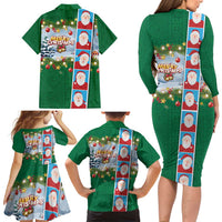 Merry Christmas Family Matching Long Sleeve Bodycon Dress and Hawaiian Shirt Funny Santa Claus Cards Photo and Polynesian Pattern Green Color