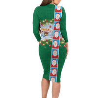 Merry Christmas Family Matching Long Sleeve Bodycon Dress and Hawaiian Shirt Funny Santa Claus Cards Photo and Polynesian Pattern Green Color