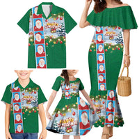 Merry Christmas Family Matching Mermaid Dress and Hawaiian Shirt Funny Santa Claus Cards Photo and Polynesian Pattern Green Color