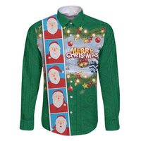 Merry Christmas Family Matching Off Shoulder Short Dress and Hawaiian Shirt Funny Santa Claus Cards Photo and Polynesian Pattern Green Color LT03 Dad's Shirt - Long Sleeve Green - Polynesian Pride