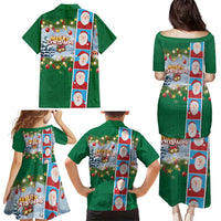 Merry Christmas Family Matching Puletasi and Hawaiian Shirt Funny Santa Claus Cards Photo and Polynesian Pattern Green Color