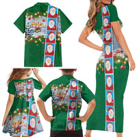 Merry Christmas Family Matching Short Sleeve Bodycon Dress and Hawaiian Shirt Funny Santa Claus Cards Photo and Polynesian Pattern Green Color
