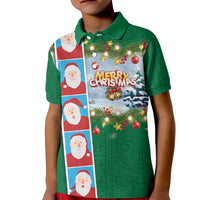 Merry Christmas Kid Polo Shirt Funny Santa Claus Cards Photo and Polynesian Pattern Green Color LT03 Kid Green - Polynesian Pride