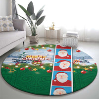 Merry Christmas Round Carpet Funny Santa Claus Cards Photo and Polynesian Pattern Green Color