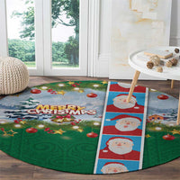 Merry Christmas Round Carpet Funny Santa Claus Cards Photo and Polynesian Pattern Green Color