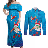 Hawaiian Santa Claus Snorkeling Couples Matching Off Shoulder Maxi Dress and Long Sleeve Button Shirt Kakau and Polynesian Pattern