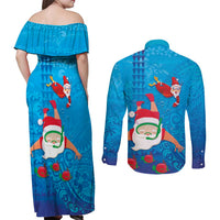 Hawaiian Santa Claus Snorkeling Couples Matching Off Shoulder Maxi Dress and Long Sleeve Button Shirt Kakau and Polynesian Pattern